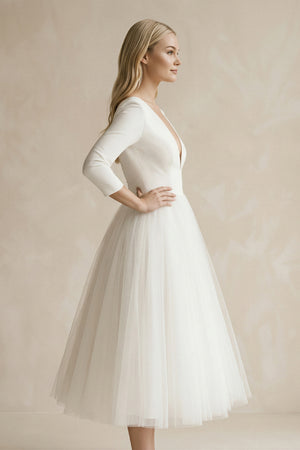 Vintage Short Casual Simple Long Sleeve A-line Tea-length Plunging Neckline Satin Wedding Dress