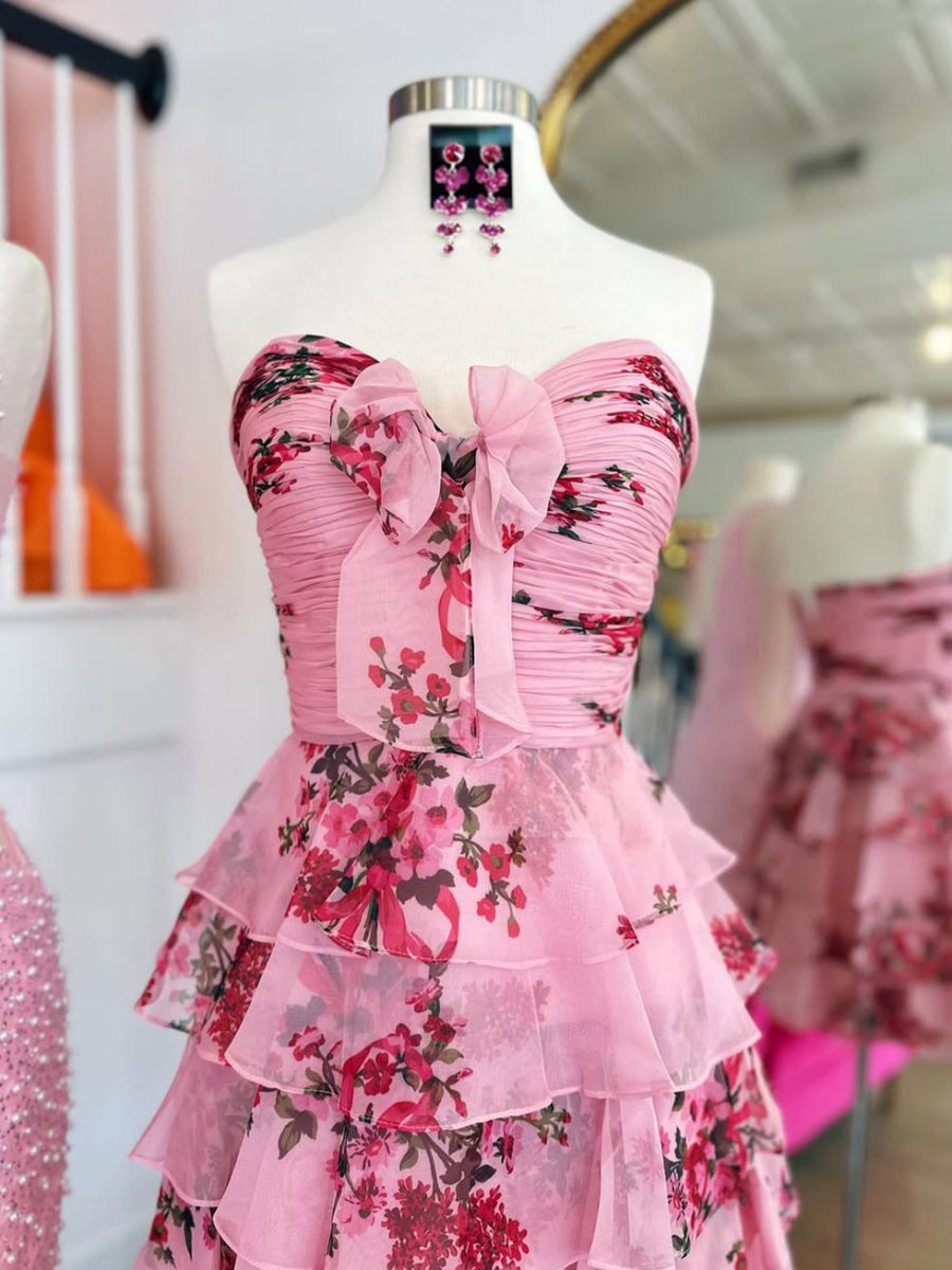 Veloria | Pink - A-line Strapless Floral Printed Chiffon Ruffles Short Homecoming Dresses
