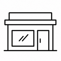 A minimalist black line icon of a storefront building with a window and door, centered on a plain white background.