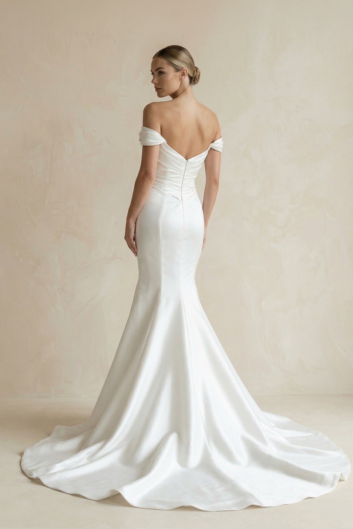 Chic Satin Mermaid Off-Shoulder Ruched With Train Beach Wedding Dress Chic Satin Mermaid Off-Shoulder Ruched With Train Beach Wedding Dress