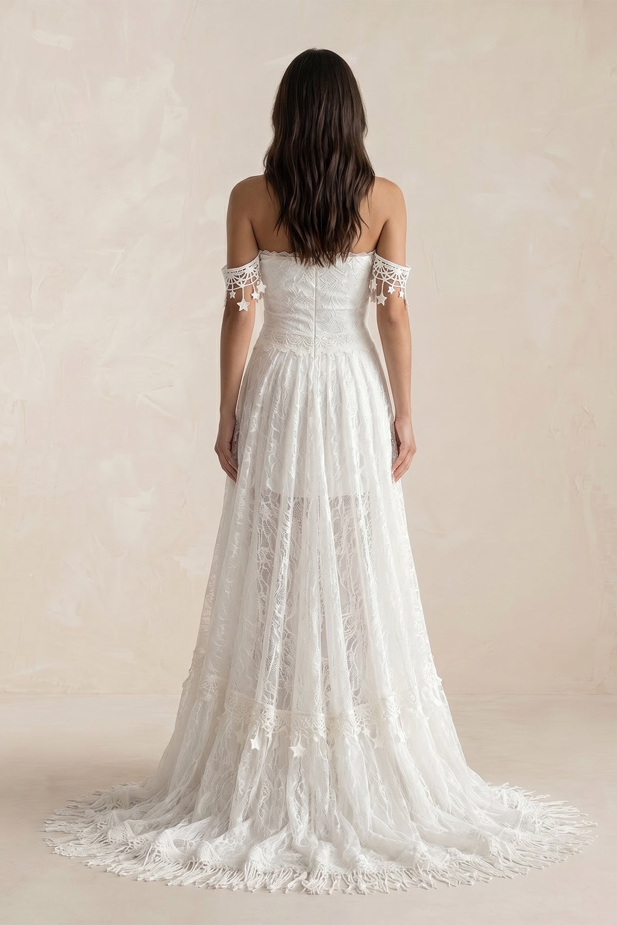 Bohemia Star tassel Chic Lace Wedding Dress, Diamond White / 0