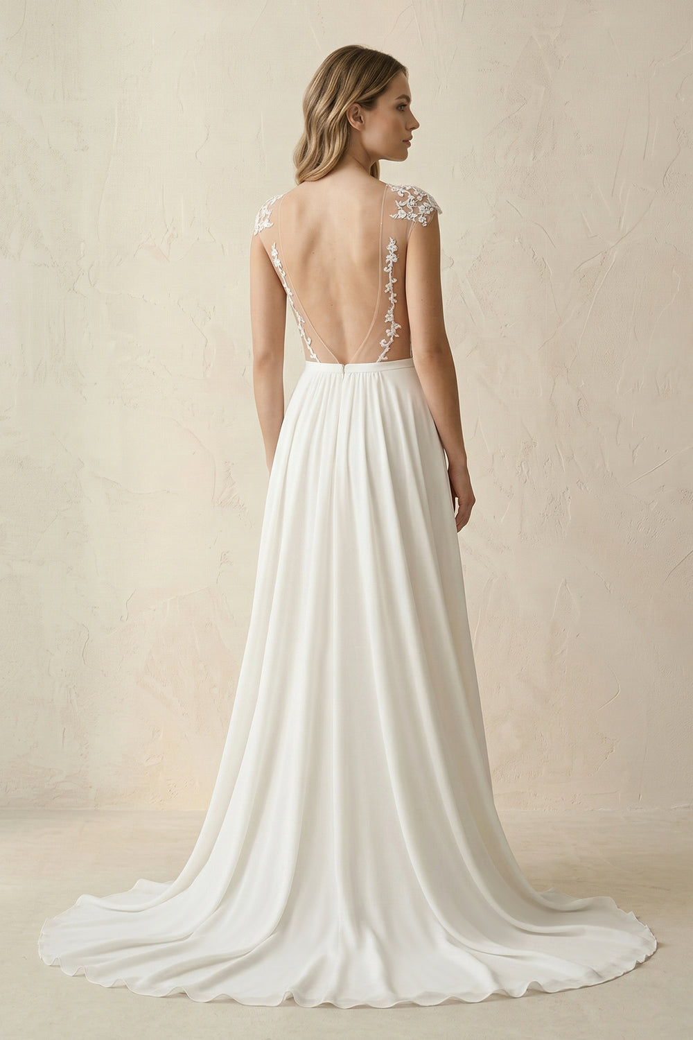 A-Line Cap Sleeve Long Backless Wedding Dresses with Appliques – Wedding Dresses by KissProm | Available at KissProm