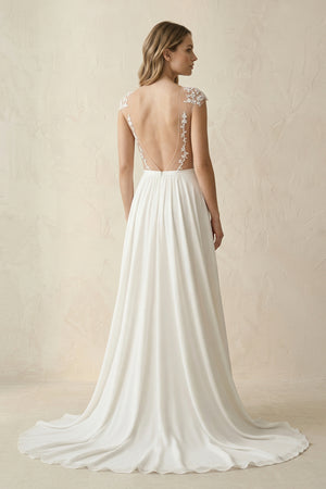 A-Line Cap Sleeve Long Backless Wedding Dresses with Appliques – Wedding Dresses by KissProm | Available at KissProm