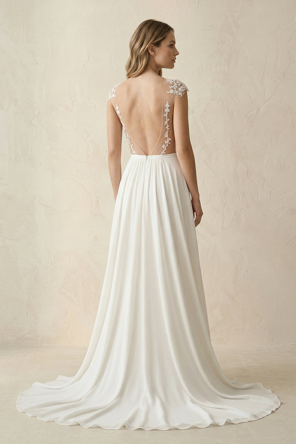 A-Line Cap Sleeve Long Backless Wedding Dresses with Appliques – Wedding Dresses by KissProm | Available at KissProm