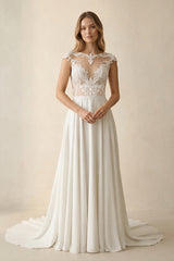 A-Line Cap Sleeve Long Backless Wedding Dresses with Appliques – Wedding Dresses by KissProm | Available at KissProm