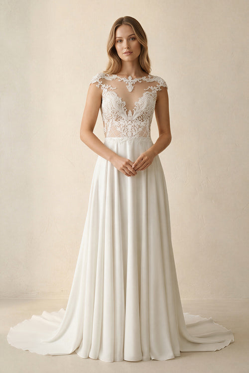 A-Line Cap Sleeve Long Backless Wedding Dresses with Appliques – Wedding Dresses by KissProm | Available at KissProm