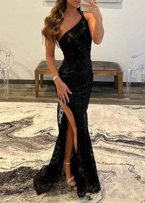 Mermaid One Shoulder Lace Prom Dress with Silt – Prom Dress by KissProm | Available at KissProm