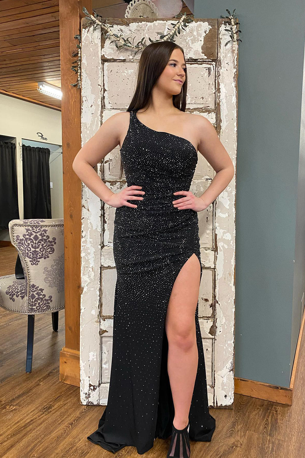 Celine |Mermaid One Shoulder Beaded Jersey Prom Dress with Slit