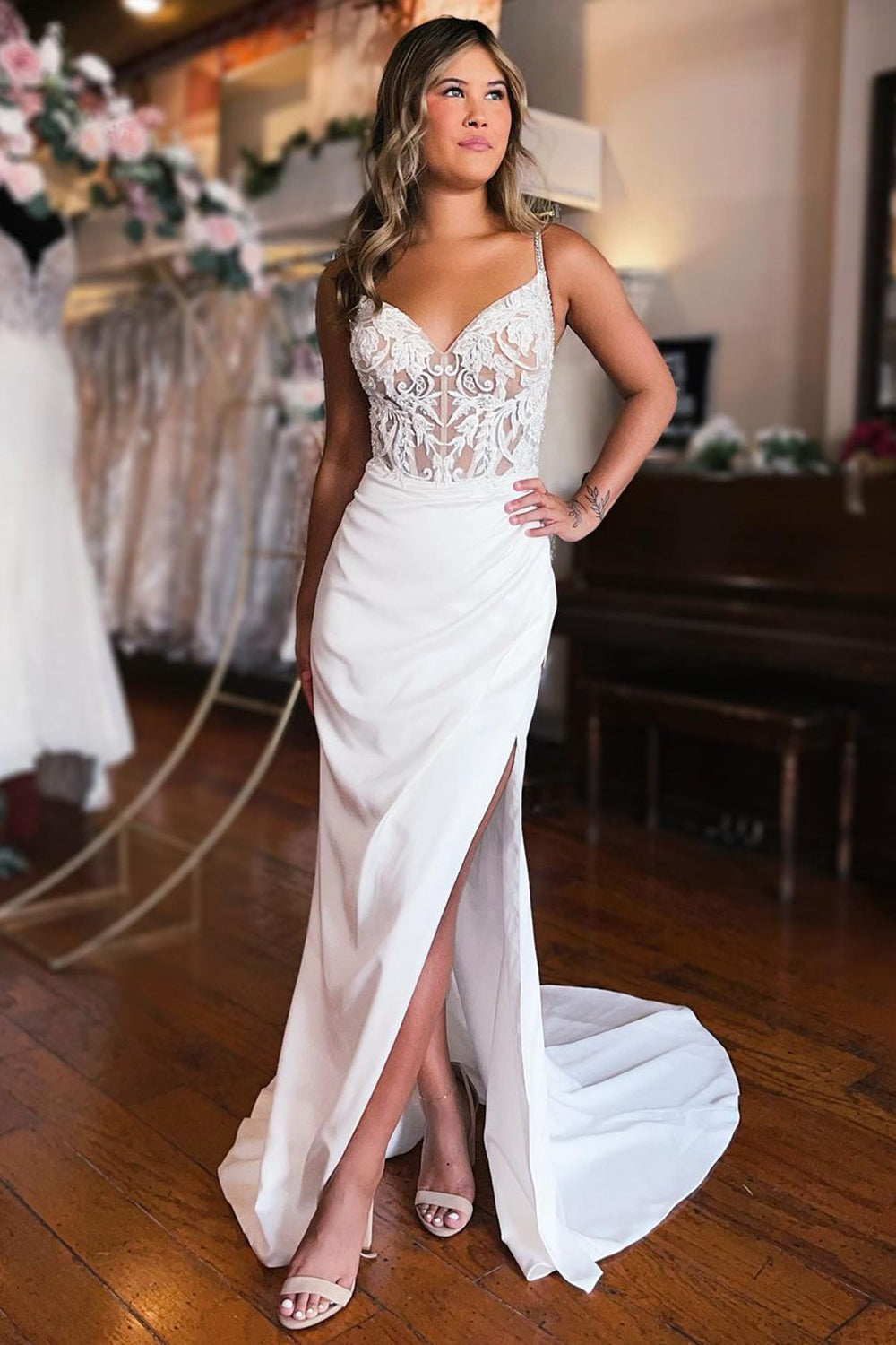 Emmie | White Lace-Up Back Wedding Dress with Slit