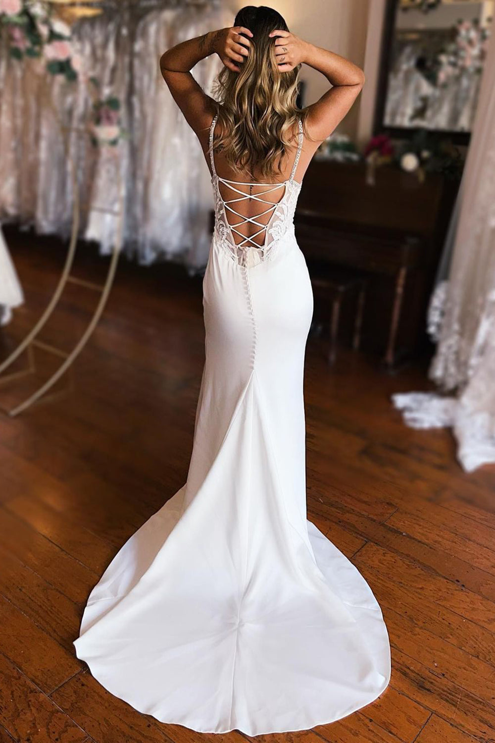 Emmie | White Lace-Up Back Wedding Dress with Slit