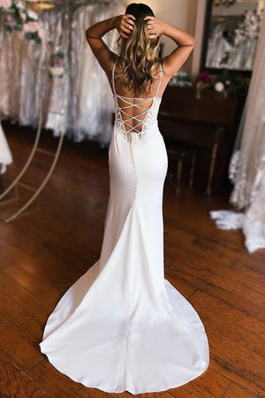 Emmie | Sheath White Lace-Up Back Wedding Dress with Slit