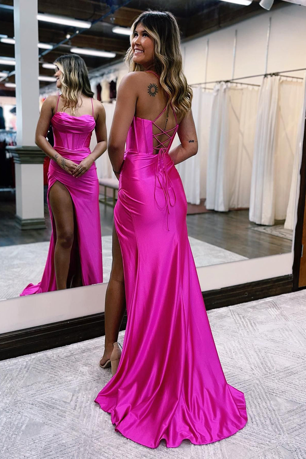 Aaliyah| Hot Pink Spaghetti Straps Satin Mermaid Prom Dress with Slit