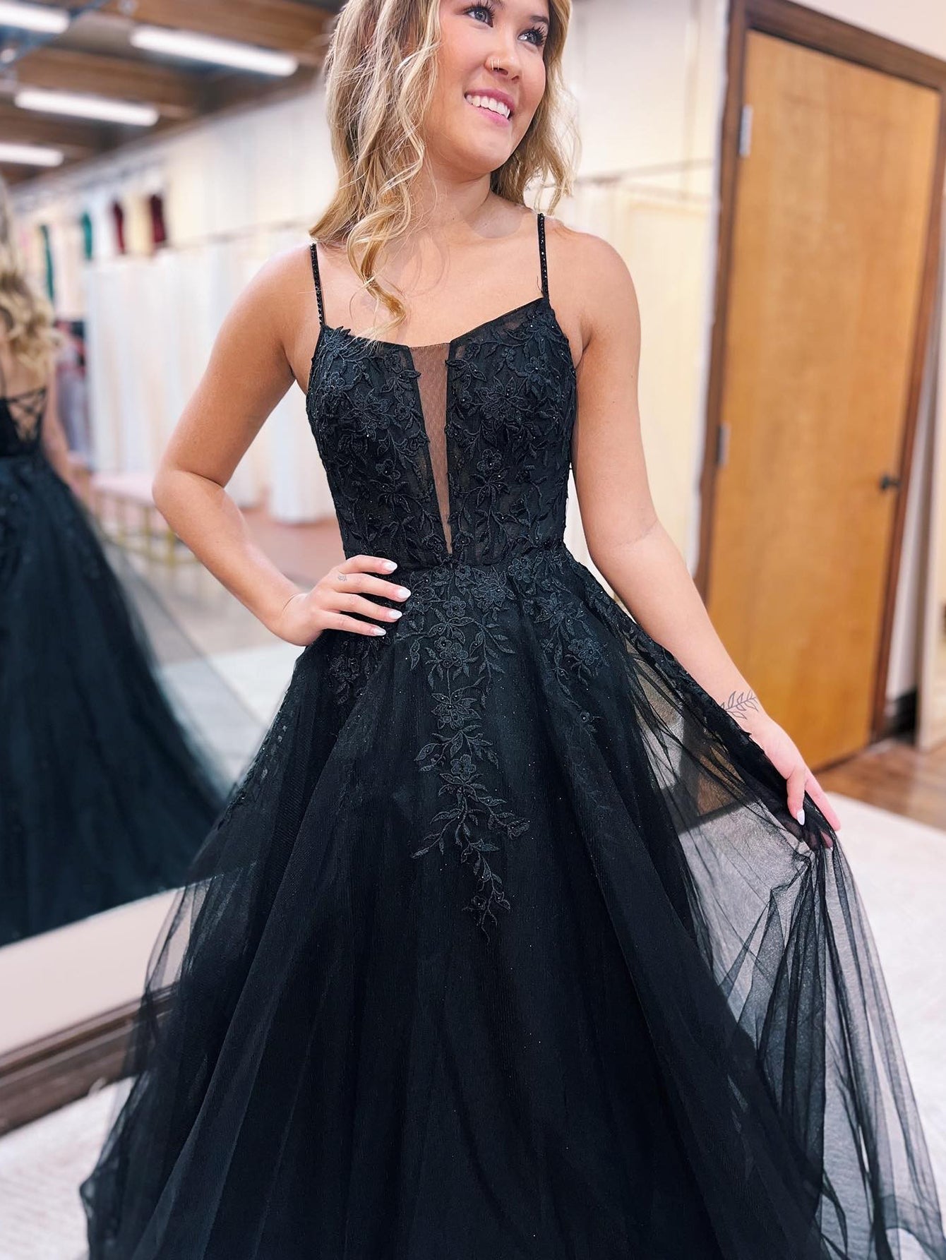 Tatum | Black Tulle Spaghetti Straps A Line Prom Dress with Appliques