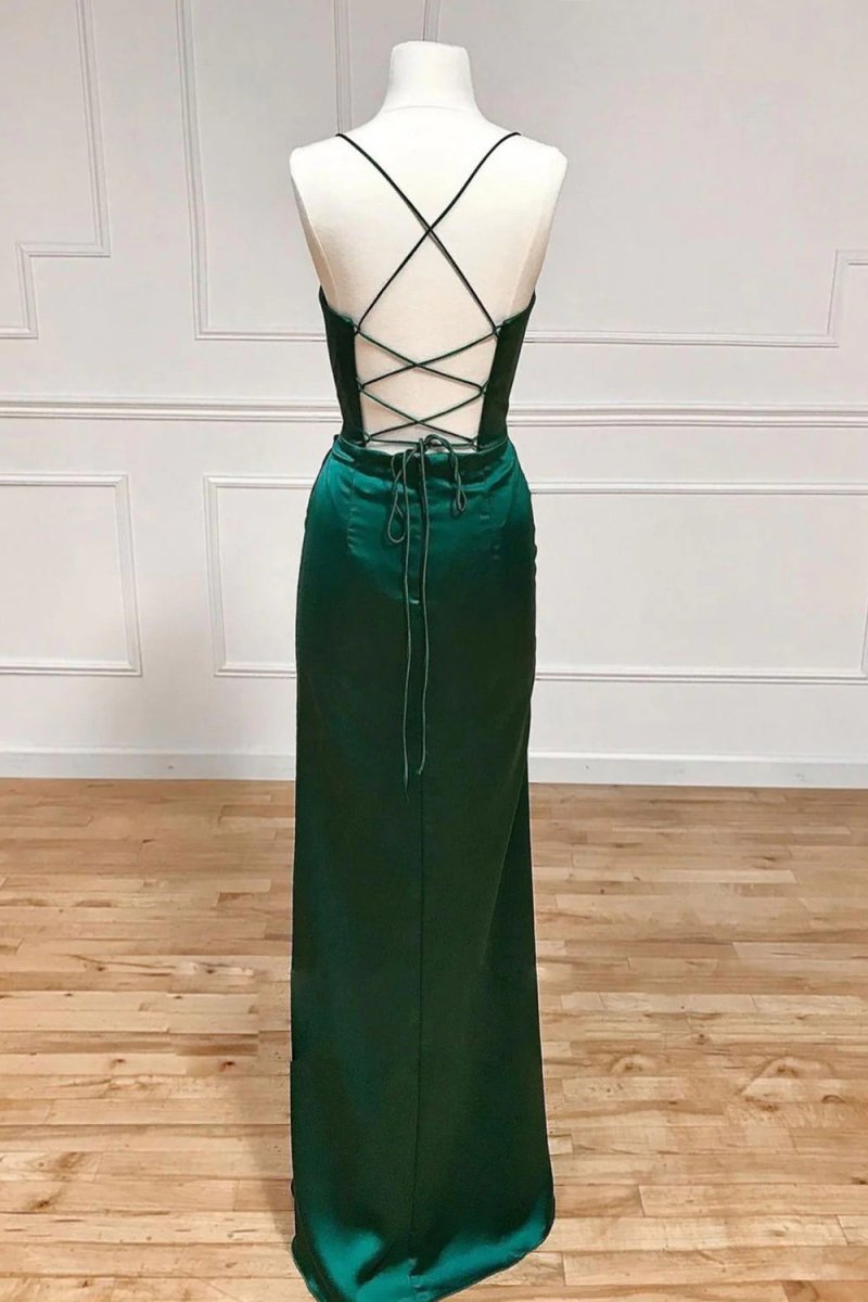 Sheath Spaghetti Straps Corset Satin Prom Dress with Split, Dark Green / Custom Size Sheath Spaghetti Straps Corset Satin Prom Dress with Split, Dark Green / Custom Size