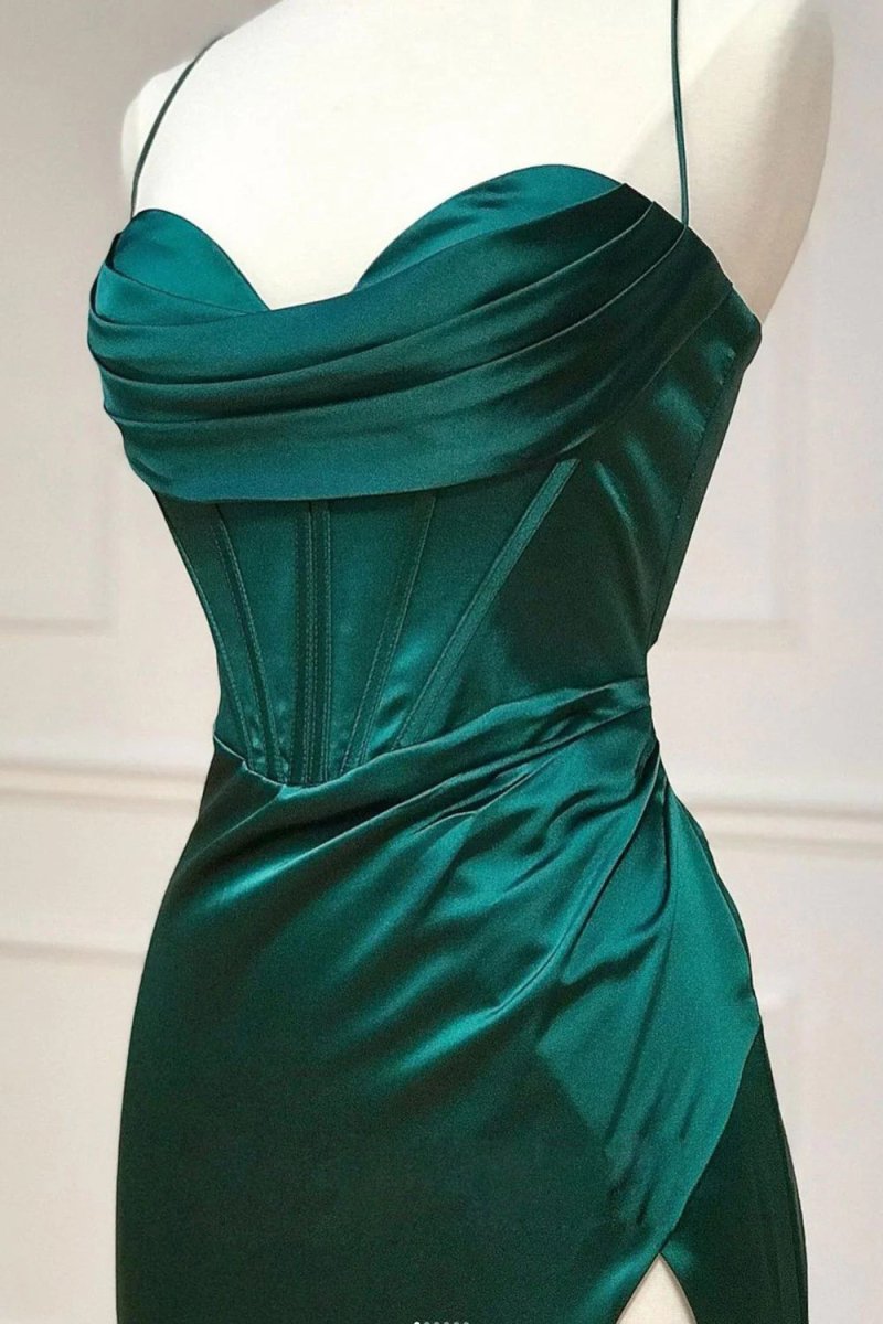 Lola Dark Green Sheath Spaghetti Straps Corset Satin Prom Dress with Split