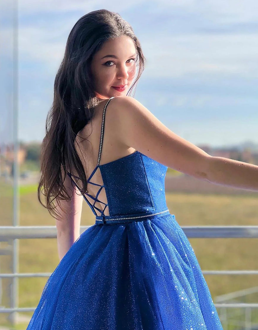 Tracy | Royal Blue Sparkly A Line Spaghetti Straps Long Prom Dress
