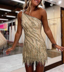 Sparkly Blue One Shoulder Sequins Mini Party Dresses with Fringes - KissProm
