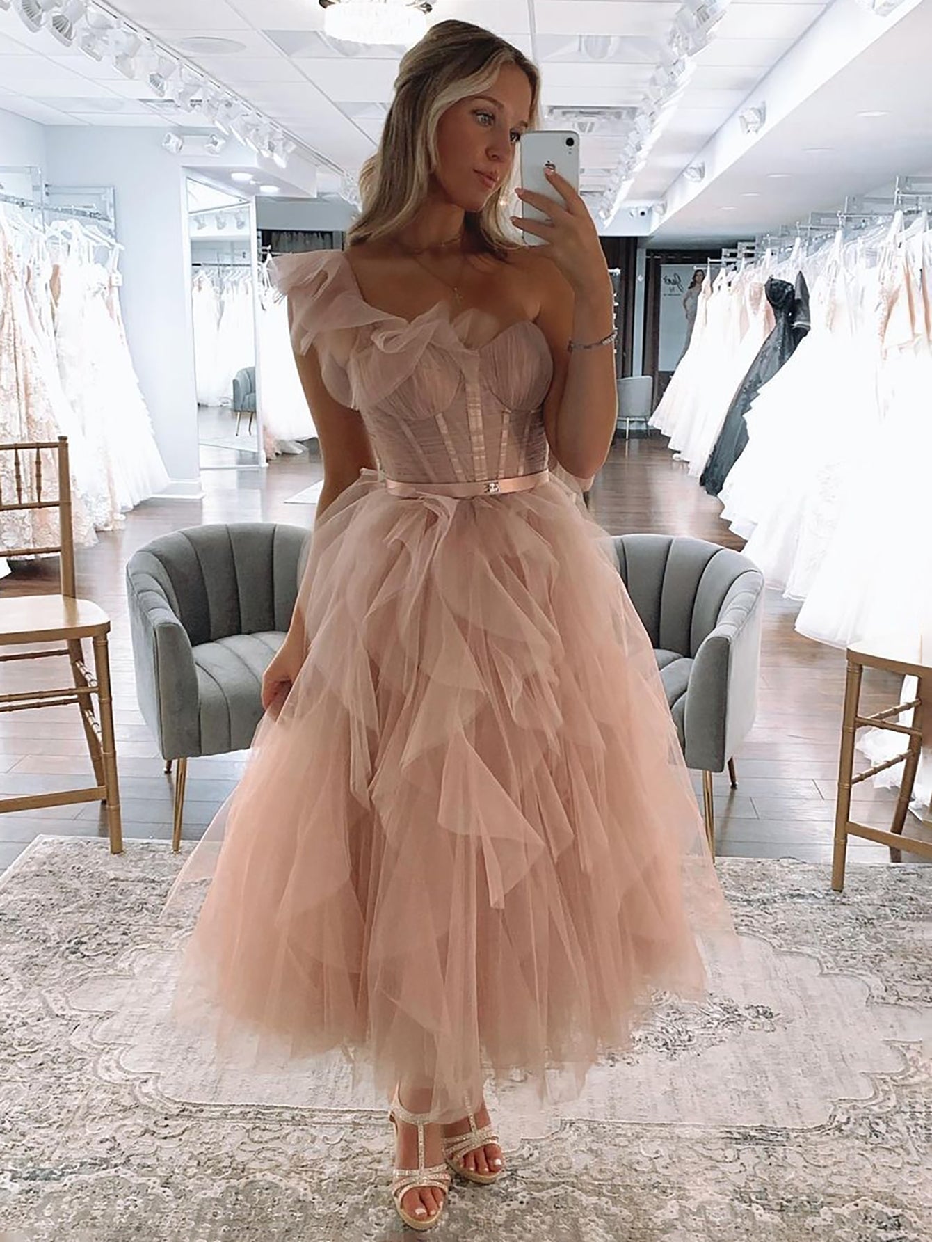 Addie | One Shoulder Blush Tulle A Line Long Prom Dress