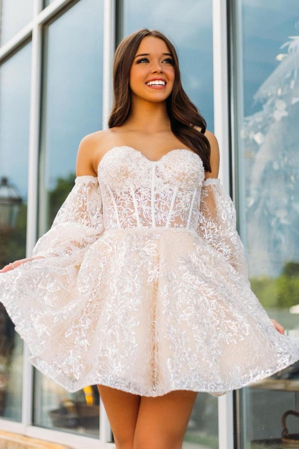 A Line Sweetheart Corset Homecoming Dress with Sleeves - KissProm