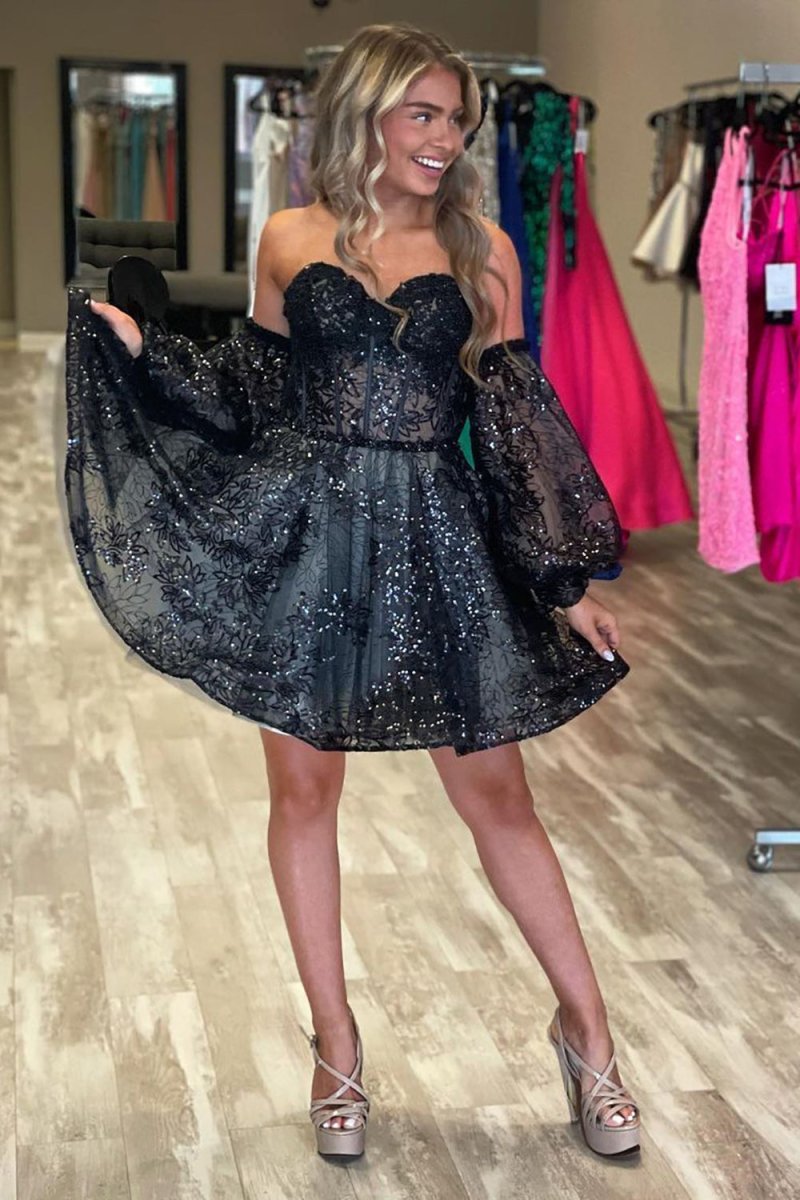 Skylar A Line Sweetheart Corset Homecoming Dress with Sleeves Black / 8 Skylar A Line Sweetheart Corset Homecoming Dress with Sleeves Black / 8