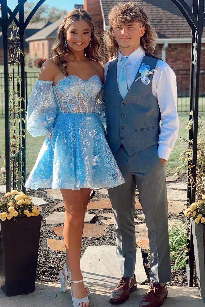 Skylar A Line Sweetheart Corset Homecoming Dress with Sleeves Blue / 0
