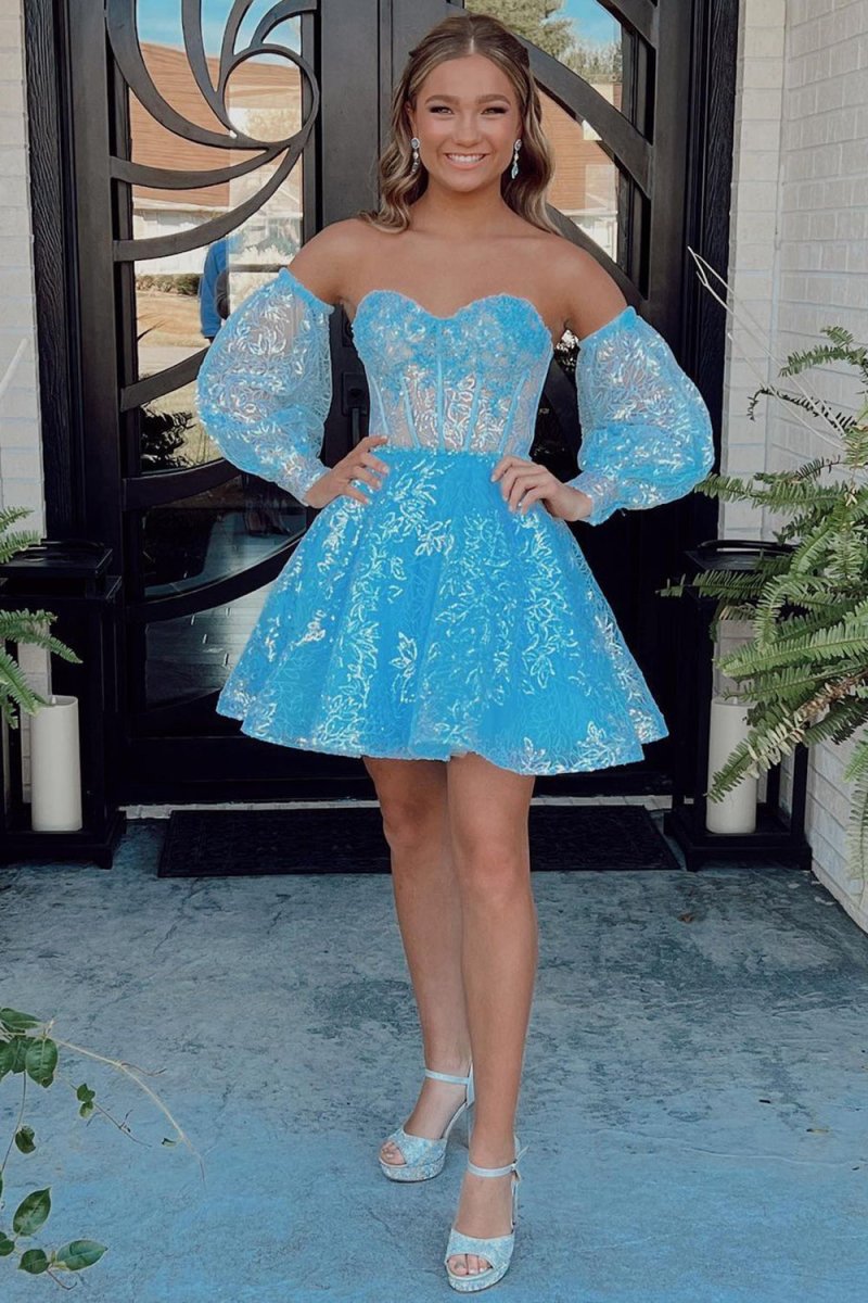 Skylar A Line Sweetheart Corset Homecoming Dress with Sleeves Blue / 0 Skylar A Line Sweetheart Corset Homecoming Dress with Sleeves Blue / 0