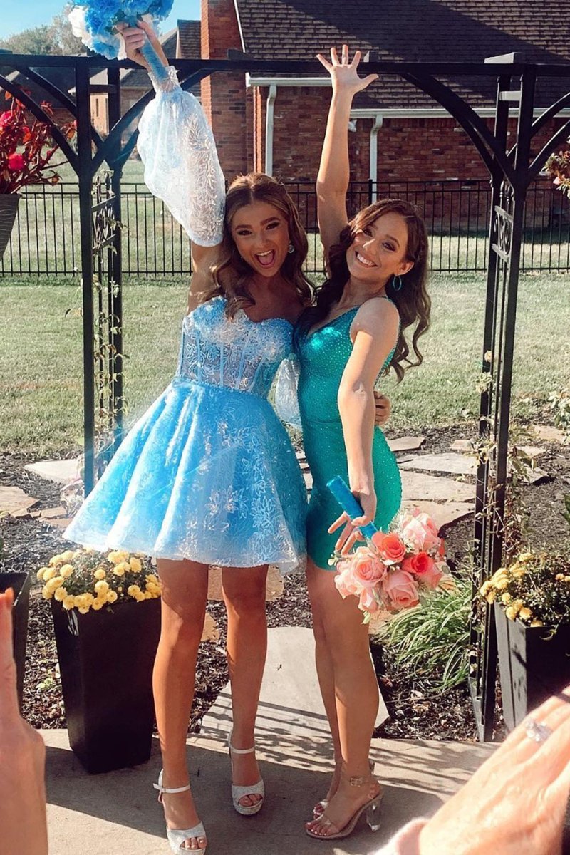 Skylar A Line Sweetheart Corset Homecoming Dress with Sleeves Blue / 0 Skylar A Line Sweetheart Corset Homecoming Dress with Sleeves Blue / 0