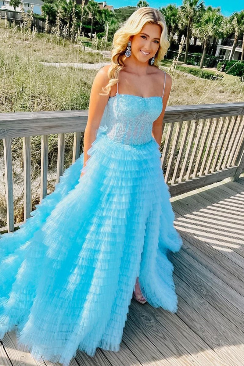 navy blue dress for baby girl Light Blue Ruffle Straps A-Line Tiered Prom Dress – FancyVestido main image 0
