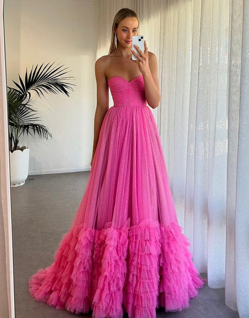 Rachael | Pink Sweetheart Tiered Tulle Long Prom Dresses - KissProm