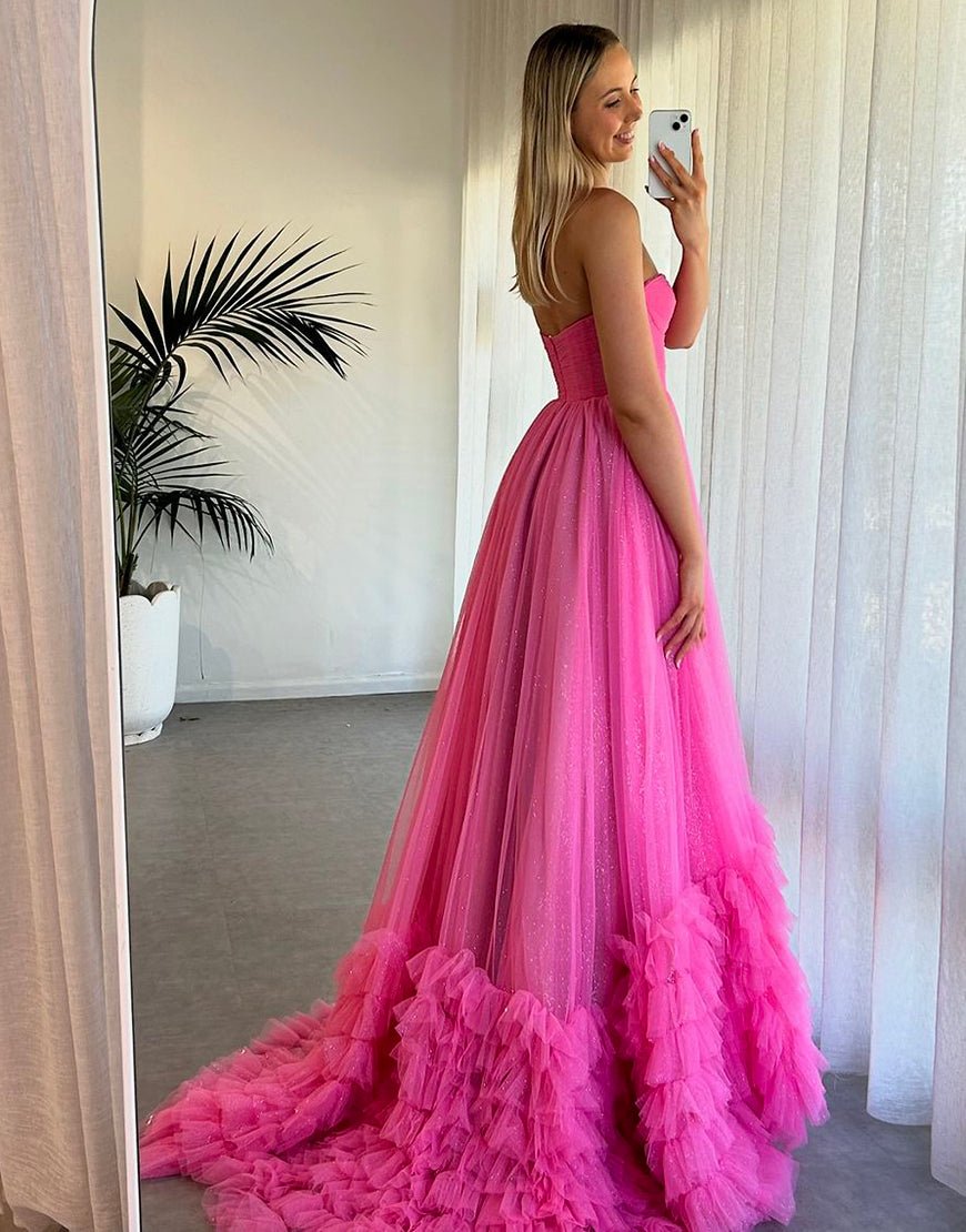 Rachael | Pink Sweetheart Tiered Tulle Long Prom Dresses - KissProm