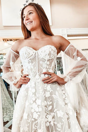 Ivory Lace A-Line Detachable Long Sleeves Corset Long Wedding Dress Diamond White / Custom Size Ivory Lace A-Line Detachable Long Sleeves Corset Long Wedding Dress Diamond White / Custom Size