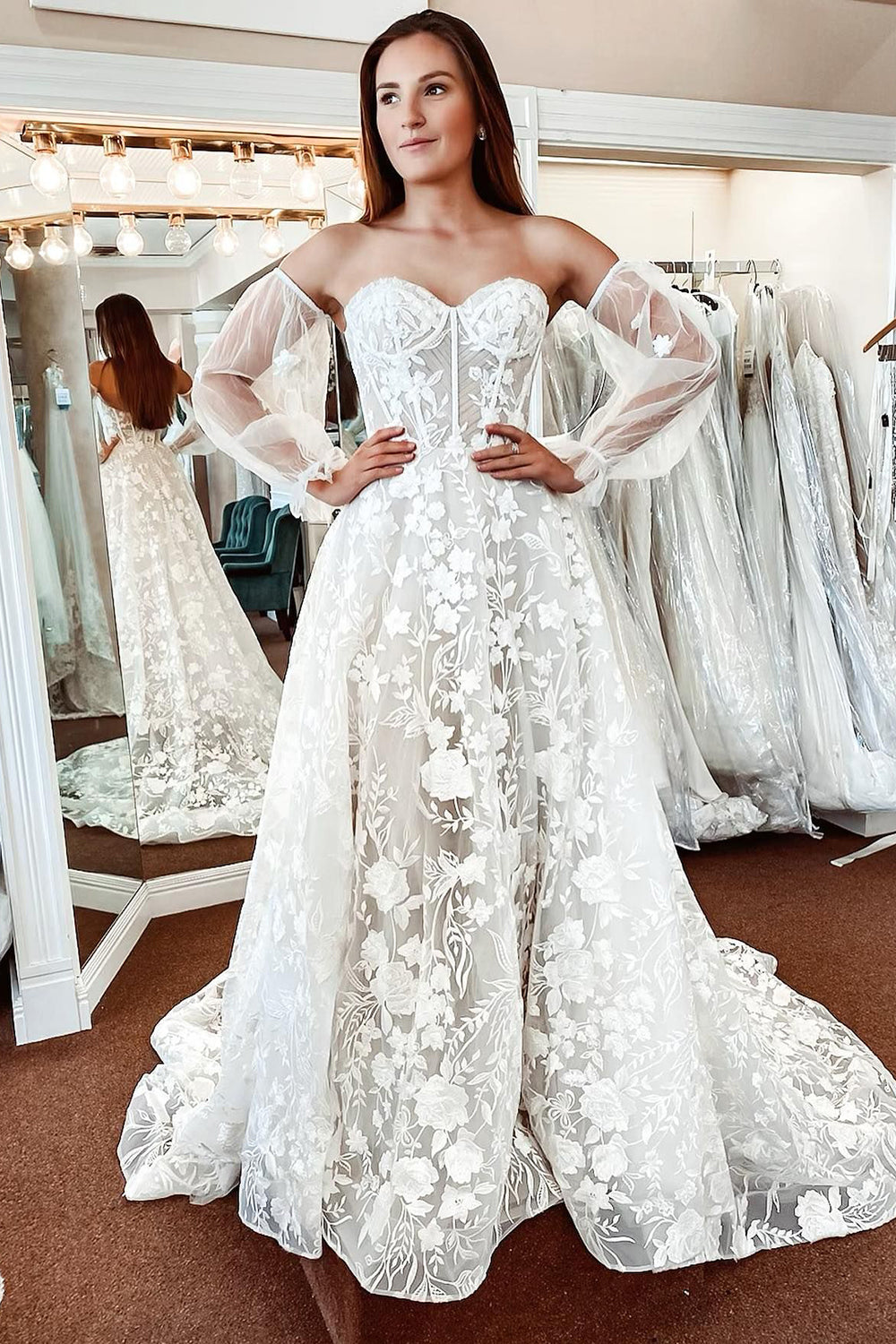 Treasure | Ivory Lace A-Line Detachable Long Sleeves Corset Long Wedding Dress