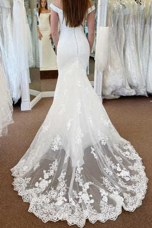 Liberty | White Off the Shoulder Long Mermaid Wedding Dress with Lace Appliques