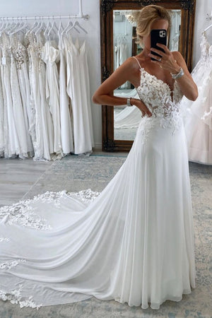 Rayna | White Long Chiffon Boho A-Line Wedding Dress with Lace