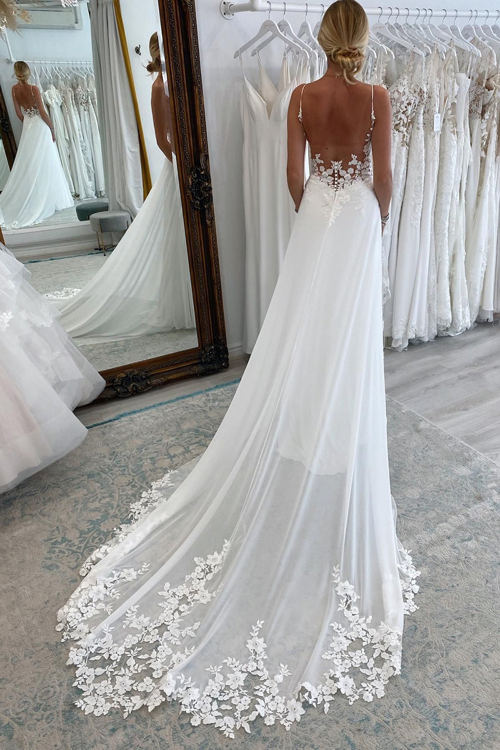 Rayna | White Long Chiffon Boho A-Line Wedding Dress with Lace