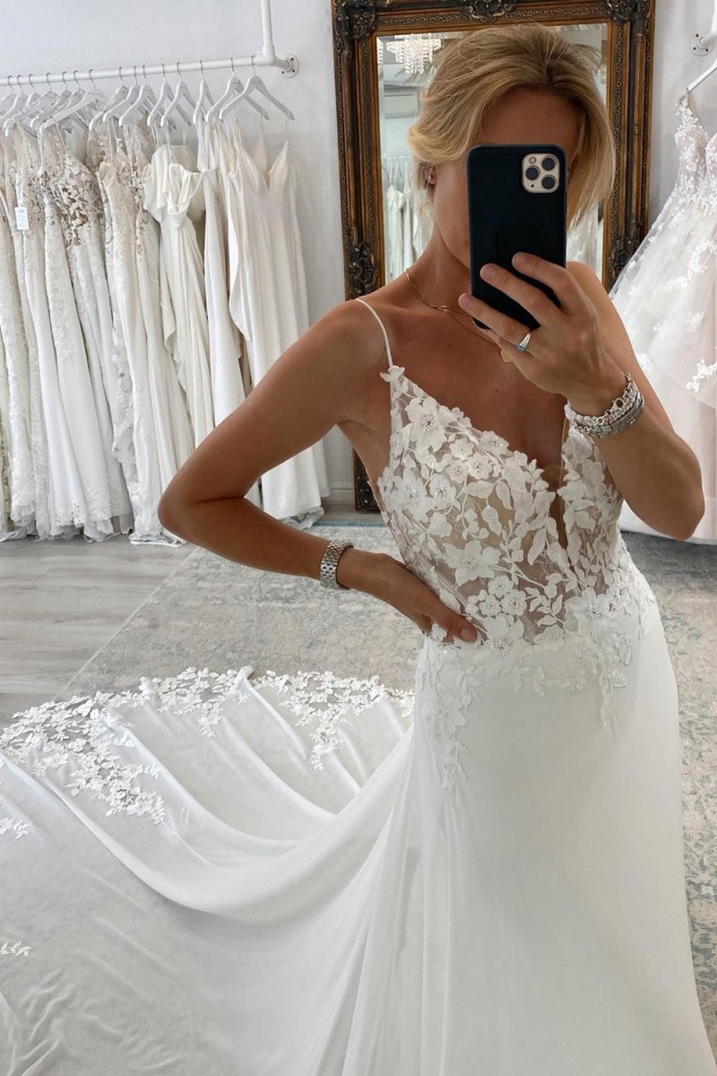 Rayna | White Long Chiffon Boho A-Line Wedding Dress with Lace