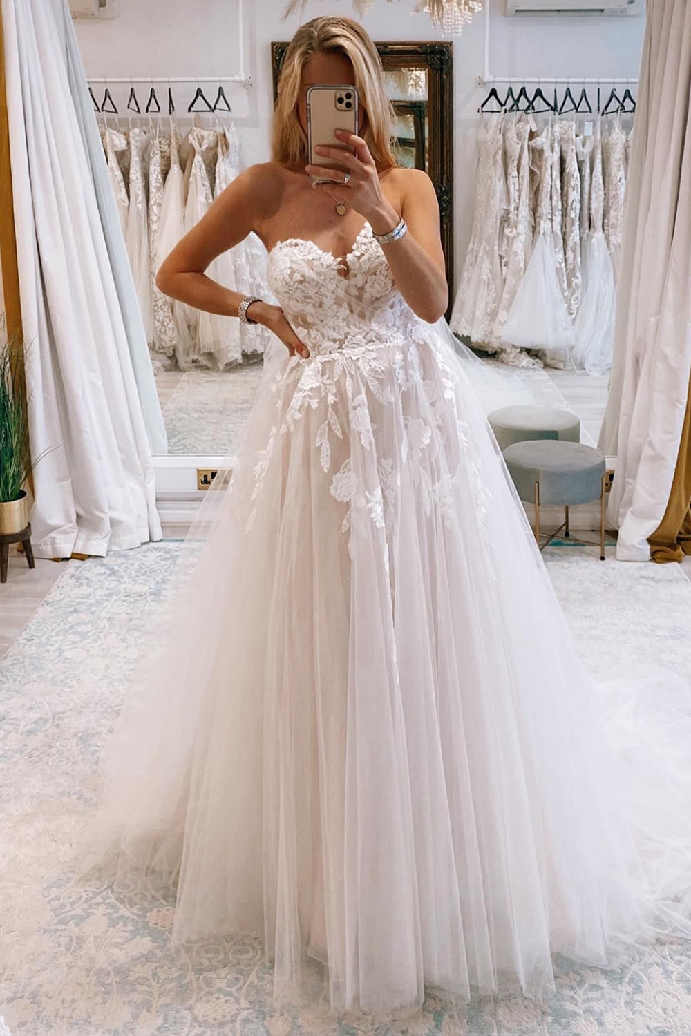 Zaria | Ivory Long Tulle A-Line Wedding Dress with Lace