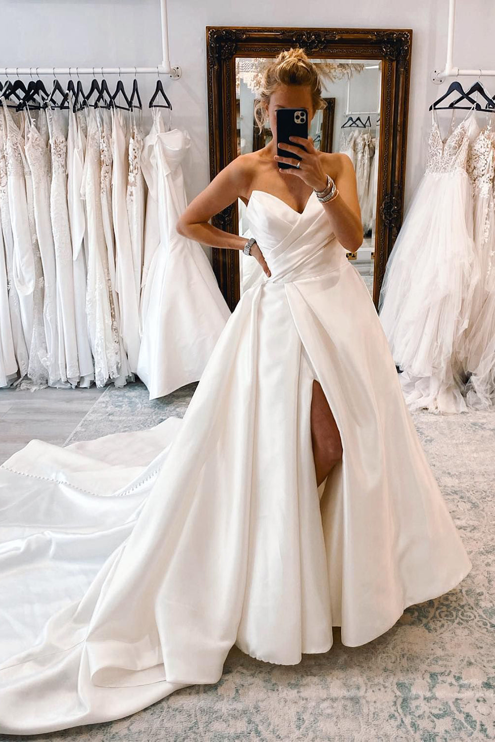 Milana | White Satin Long A-Line Wedding Dress with Slit