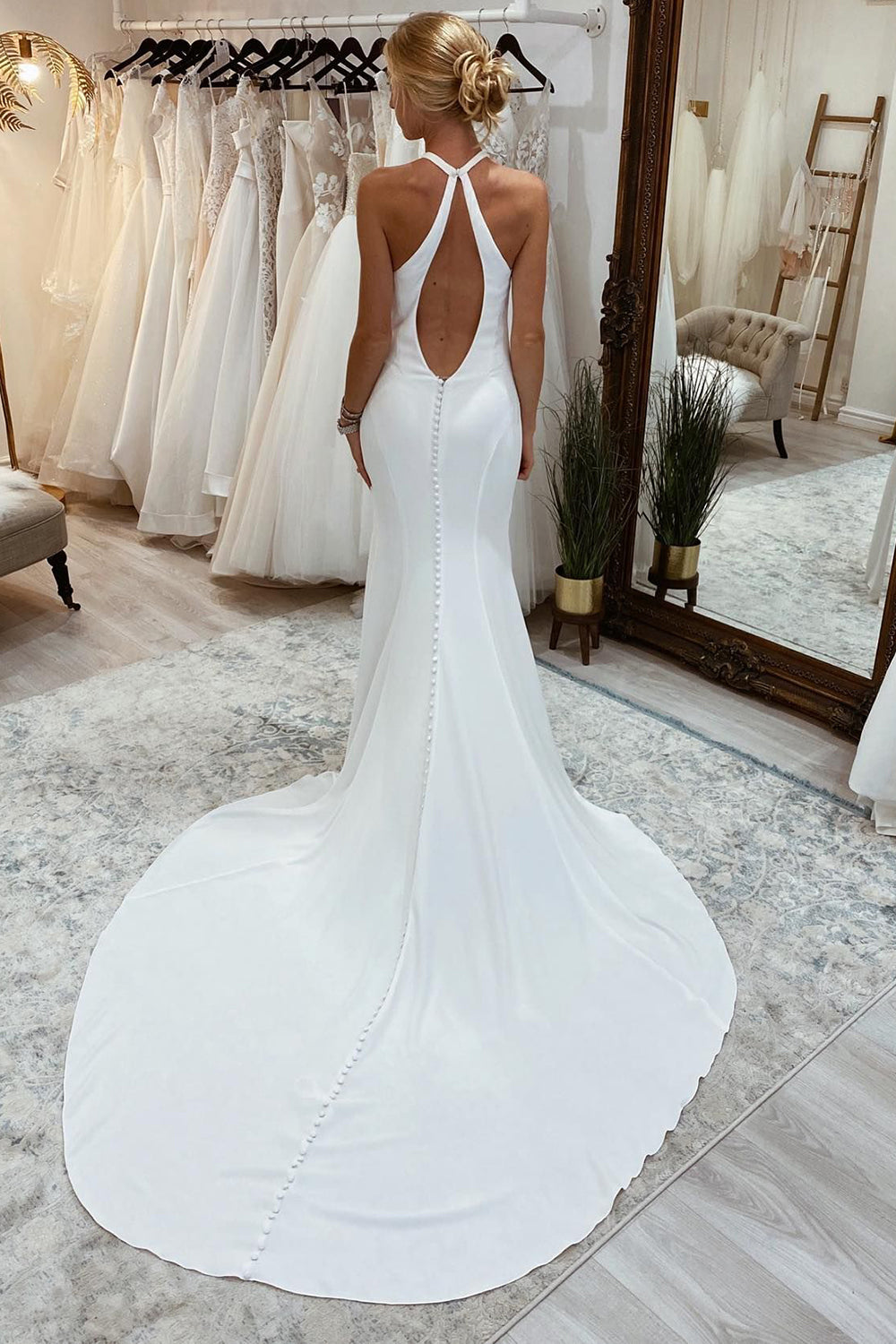 Milena | Simple White Halter Open Back Long Wedding Dress