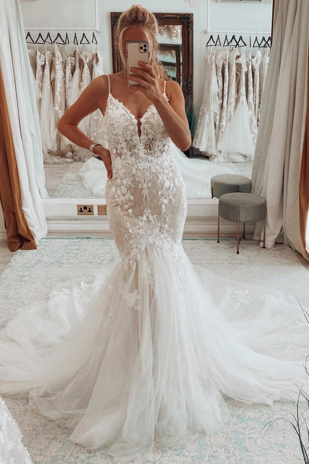 Emerald | Ivory Mermaid Tulle Spaghetti Straps Long Wedding Dress