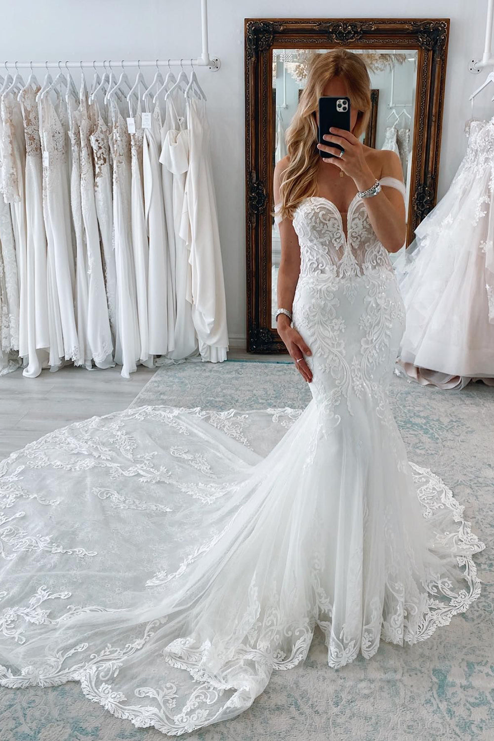Jream | White Long Tulle Mermaid Wedding Dress with Lace