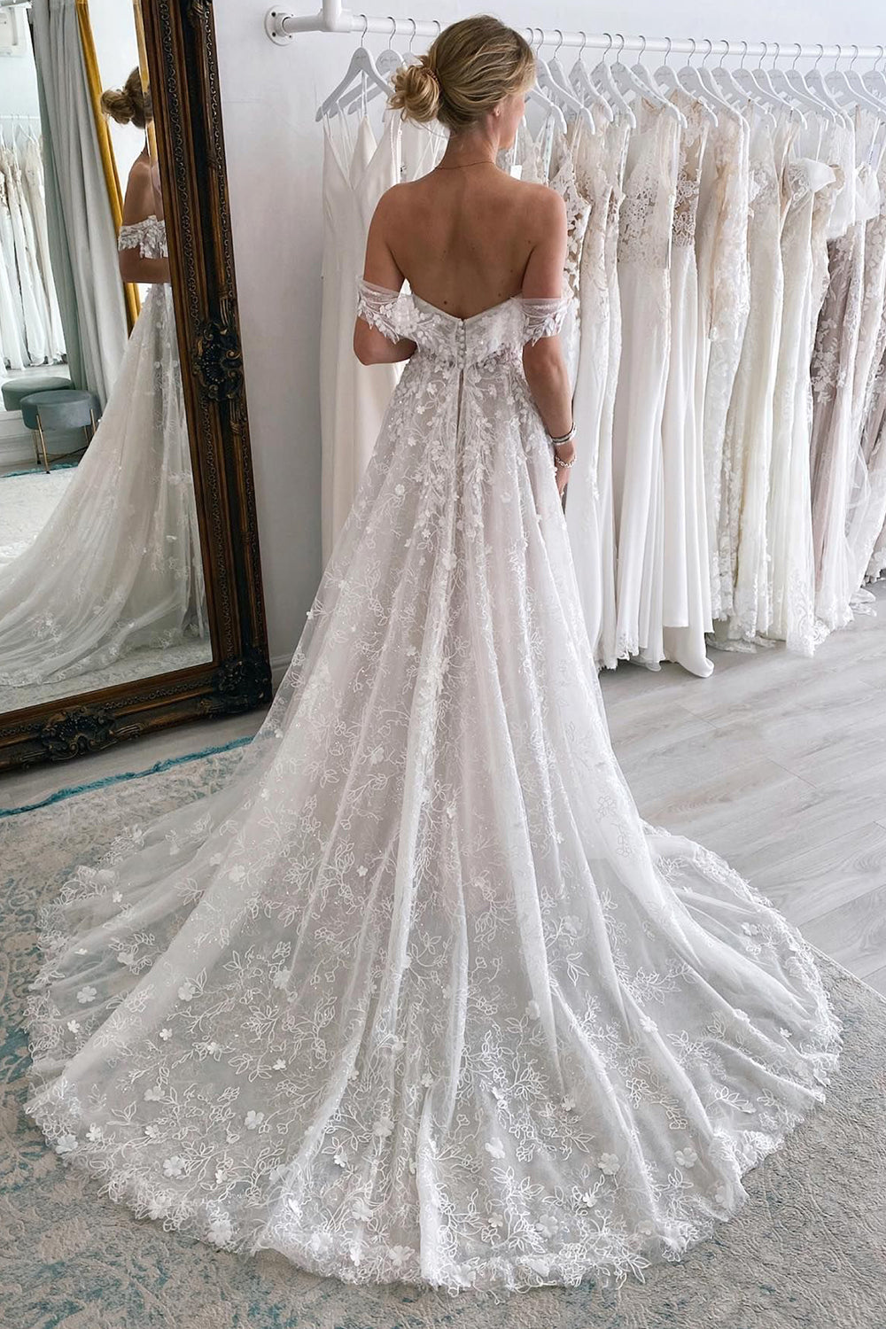 Carly | Ivory Off the Shoulder Long Lace Mermaid Wedding Dress with Appliques