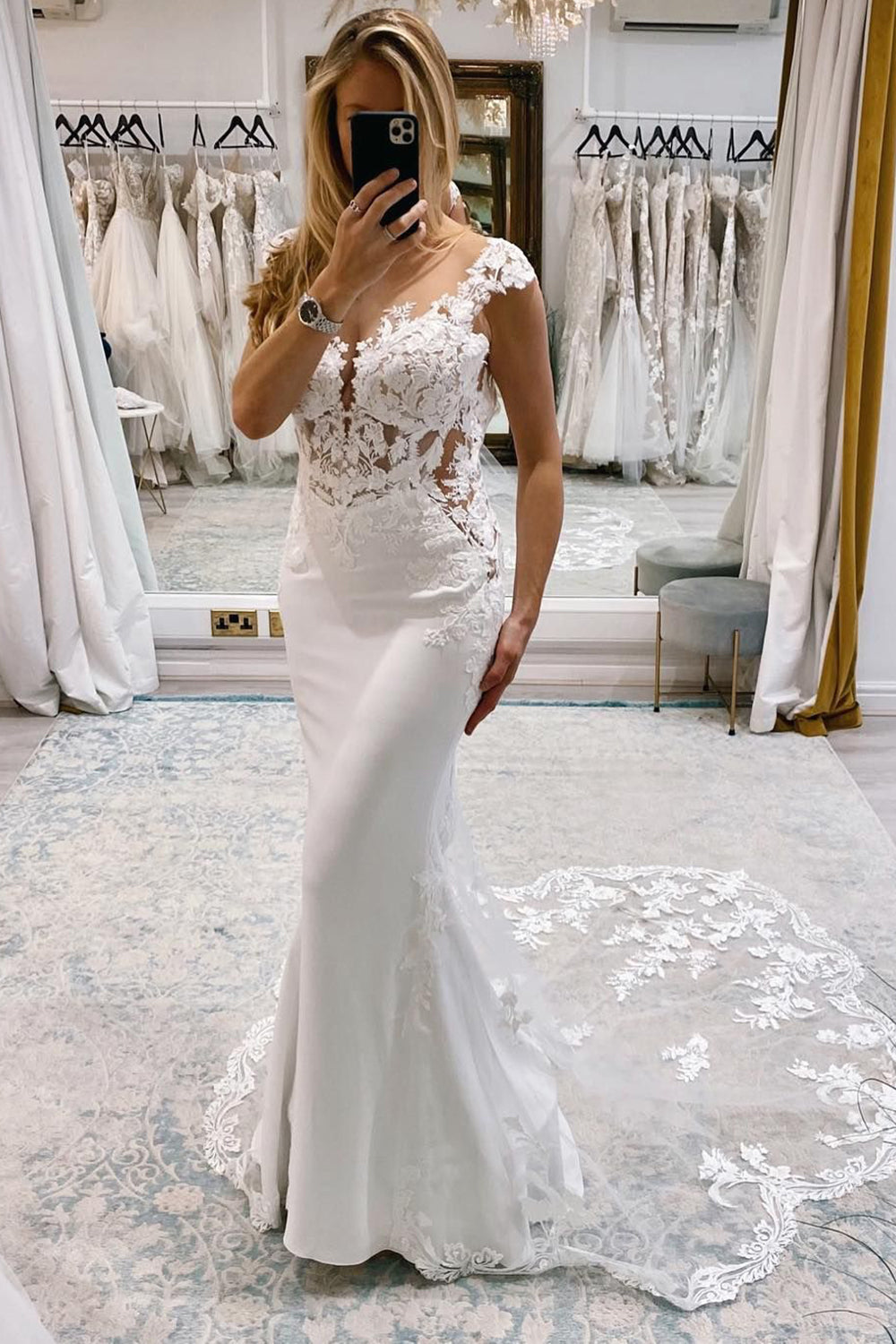 Kimber | White Mermaid Deep V-Neck Cap Sleeves Long Wedding Dress with Lace