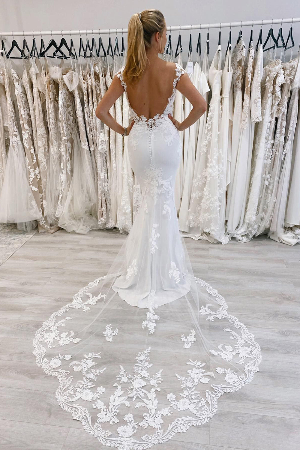 Kimber | White Mermaid Deep V-Neck Cap Sleeves Long Wedding Dress with Lace