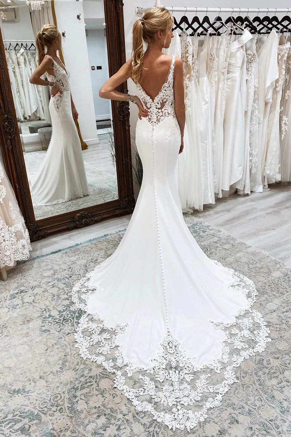 Kataleya | Mermaid White Deep V-Neck Long Wedding Dress with Lace