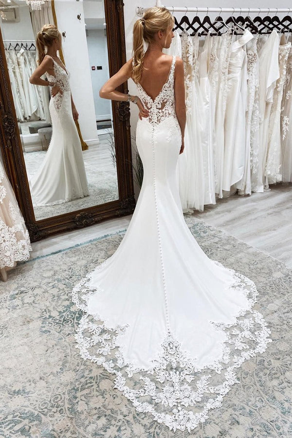 Kataleya | Mermaid White Deep V-Neck Long Wedding Dress with Lace Appliques