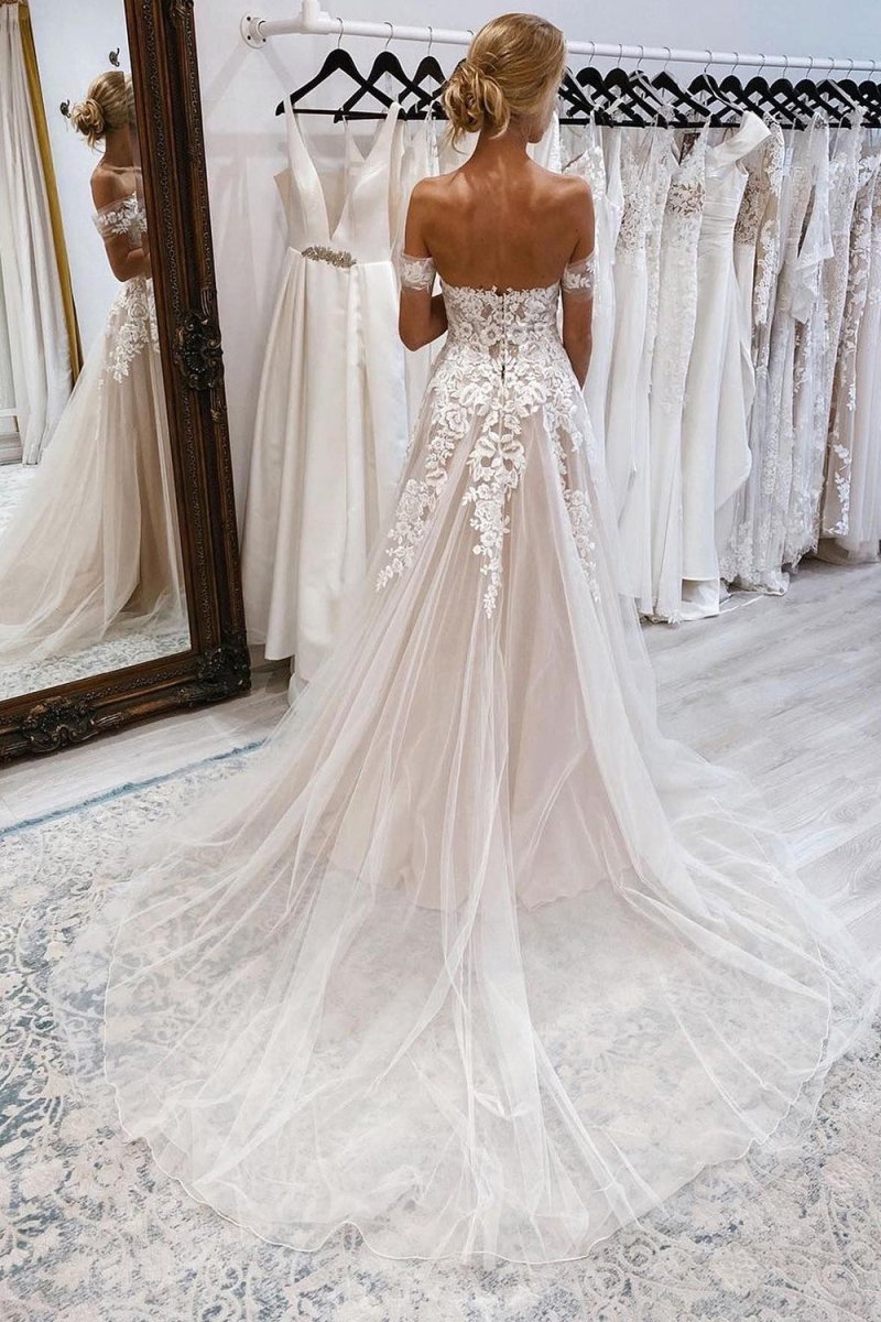 Noor | A-Line Ivory Off the Shoulder Long Wedding Dress with Lace Appliques
