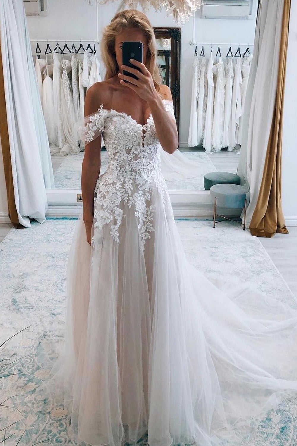 Noor | A-Line Ivory Off the Shoulder Long Wedding Dress with Lace