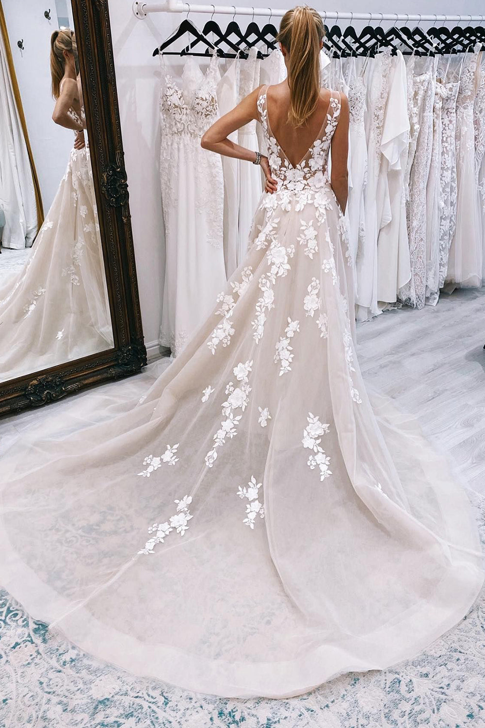 Promise | Ivory A-Line Ivory V-Neck Long Tulle Wedding Dress with Appliques