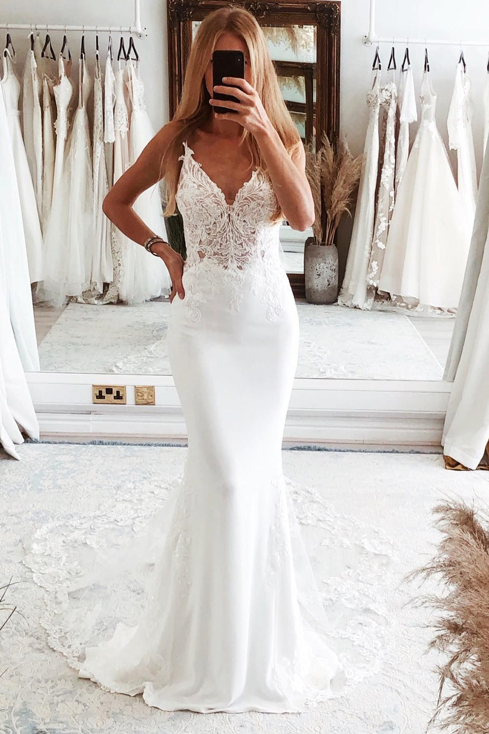 Hunter | White Mermaid Lace Long Backless Wedding Dress with Button
